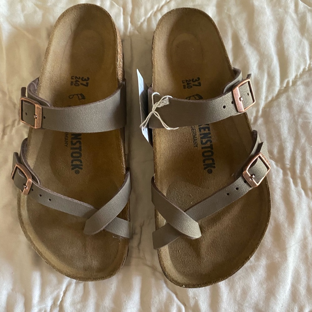 Birkenstock Taupe Sandals with Rose Gold Buckles